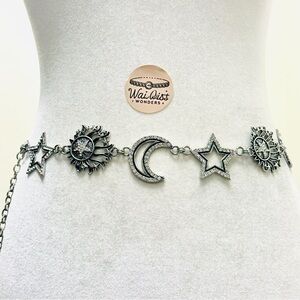 Silver star and sun waist chain belt with adjustable buckle and chain